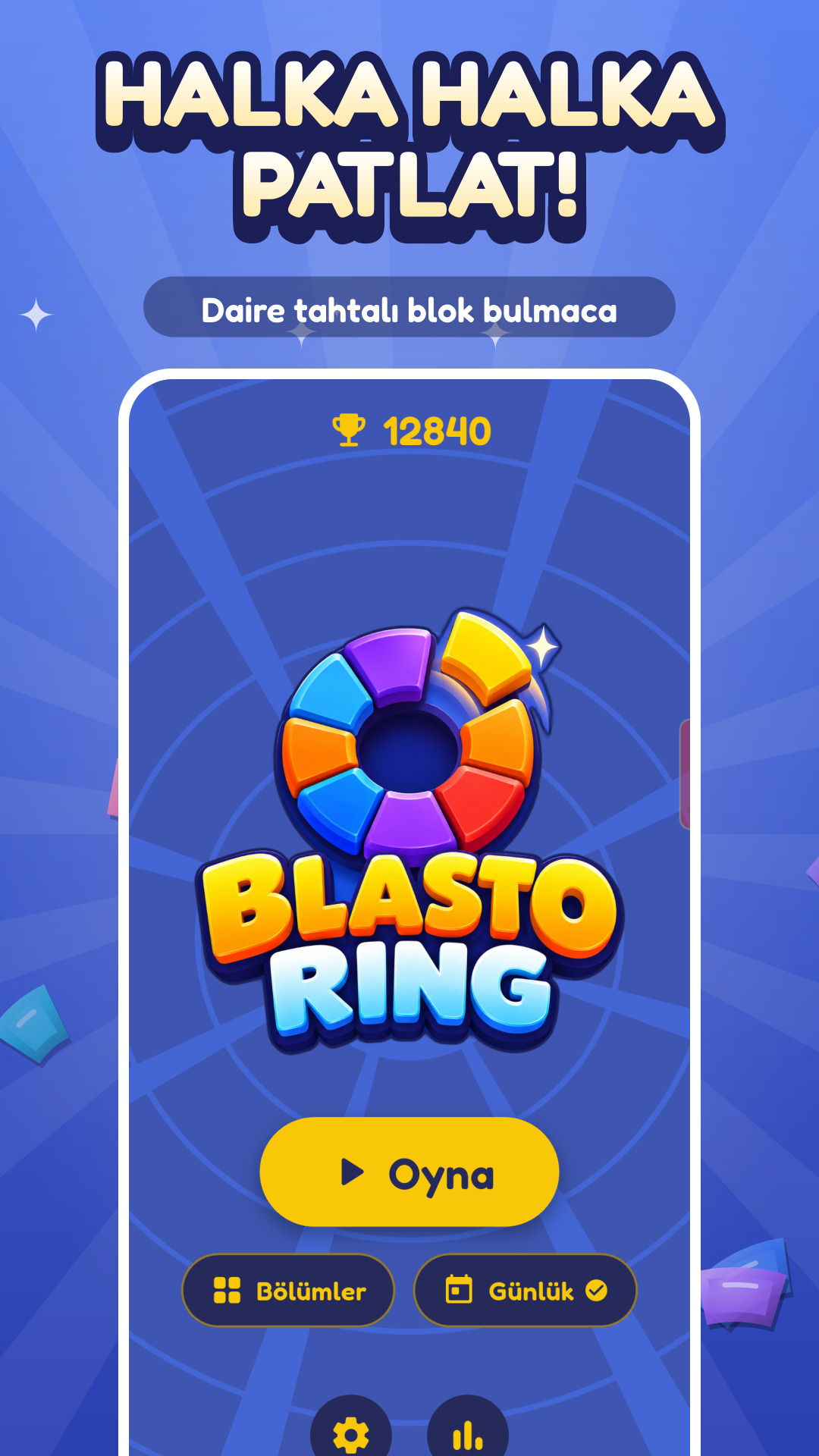 Blasto Ring dairesel bulmaca tahtası ve renkli bloklar