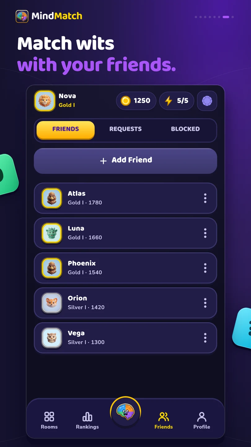 MindMatch friends and duel invitation screen