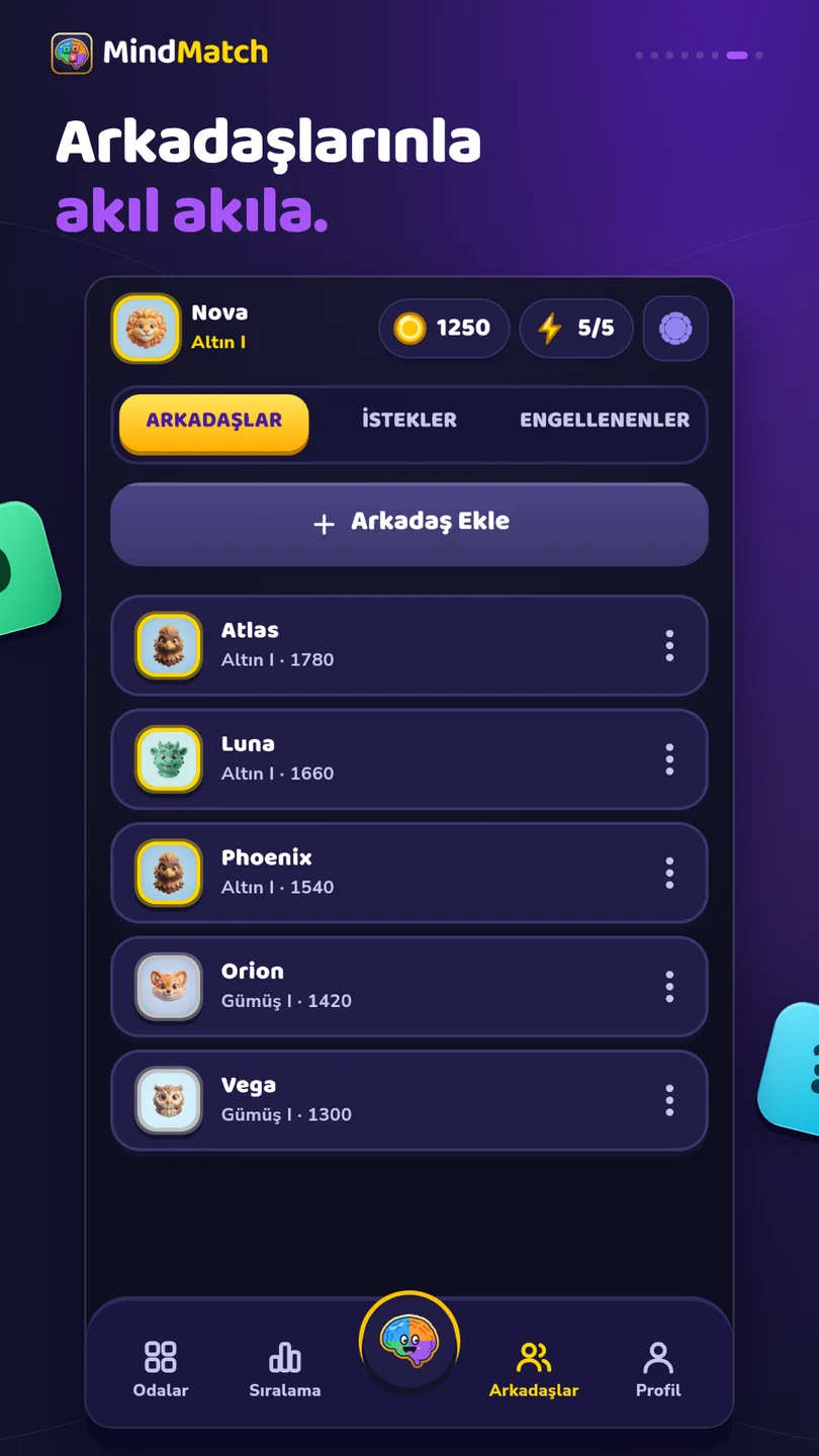 MindMatch arkadaşlar ve düelloya davet ekranı