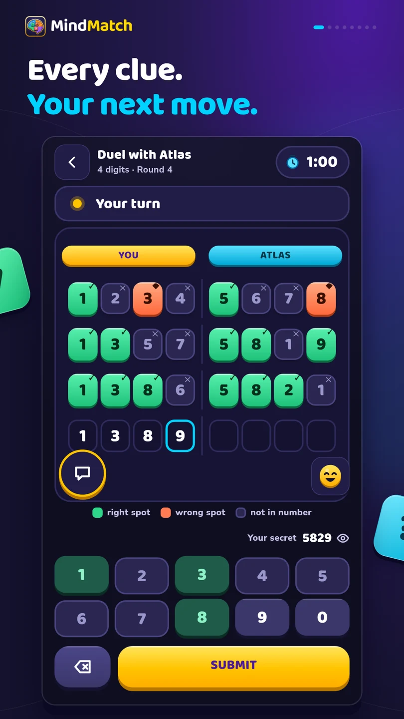 MindMatch gameplay with color-coded guessing clues