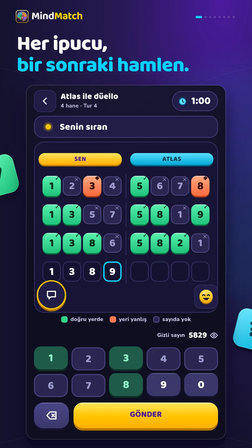 MindMatch oyun ekranı ve renkli tahmin ipuçları